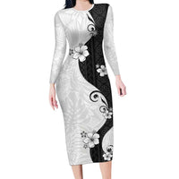 Polynesia Hibiscus Long Sleeve Bodycon Dress White Curve Motif LT05 Long Dress White - Polynesian Pride