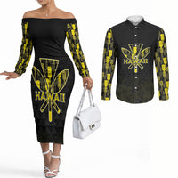 Personalised Aloha Hawaii Kahili Couples Matching Off The Shoulder Long Sleeve Dress and Long Sleeve Button Shirt Kanaka Maoli With Kakau Pattern