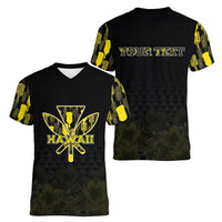 Personalised Aloha Hawaii Kahili Women V-Neck T-Shirt Kanaka Maoli With Kakau Pattern