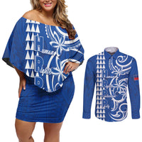 Samoa HRPP Party Couples Matching Off Shoulder Short Dress and Long Sleeve Button Shirt Polynesian Pattern - Polynesian Pride