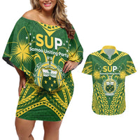 Samoa SUP Couples Matching Off Shoulder Short Dress and Hawaiian Shirt Samoan Coat Of Arms - Polynesian Pride
