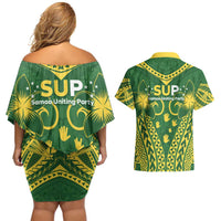 Samoa SUP Couples Matching Off Shoulder Short Dress and Hawaiian Shirt Samoan Coat Of Arms - Polynesian Pride