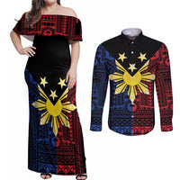 Philippines Sun Star Couples Matching Off Shoulder Maxi Dress and Long Sleeve Button Shirt Igorot Tribal Inspiration - Polynesian Pride