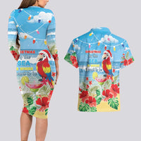 Hawaii Christmas Couples Matching Long Sleeve Bodycon Dress and Hawaiian Shirt Funny Macaw Parrot Tropical Vibe