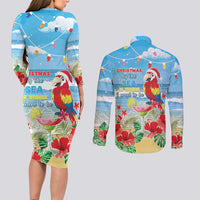 Hawaii Christmas Couples Matching Long Sleeve Bodycon Dress and Long Sleeve Button Shirt Funny Macaw Parrot Tropical Vibe