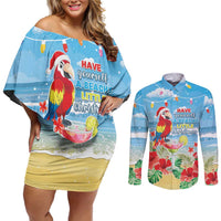 Hawaii Christmas Couples Matching Off Shoulder Short Dress and Long Sleeve Button Shirt Funny Macaw Parrot Tropical Vibe LT05 Blue - Polynesian Pride