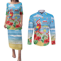Hawaii Christmas Couples Matching Puletasi and Long Sleeve Button Shirt Funny Macaw Parrot Tropical Vibe