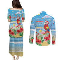 Hawaii Christmas Couples Matching Puletasi and Long Sleeve Button Shirt Funny Macaw Parrot Tropical Vibe