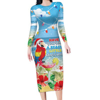 Hawaii Christmas Family Matching Long Sleeve Bodycon Dress and Hawaiian Shirt Funny Macaw Parrot Tropical Vibe LT05 Mom's Dress Blue - Polynesian Pride