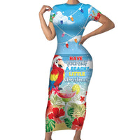 Hawaii Christmas Family Matching Short Sleeve Bodycon Dress and Hawaiian Shirt Funny Macaw Parrot Tropical Vibe LT05 Mom's Dress Blue - Polynesian Pride