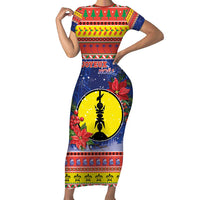 New Caledonia Christmas Family Matching Short Sleeve Bodycon Dress and Hawaiian Shirt Kanaky Poinsettia Joyeux Noel LT05 Mom's Dress Red - Polynesian Pride