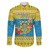 Tuvalu Christmas Family Matching Off Shoulder Maxi Dress and Hawaiian Shirt Coat Of Arms Manuia Te Kilisimasi LT05 Dad's Shirt - Long Sleeve Yellow - Polynesian Pride
