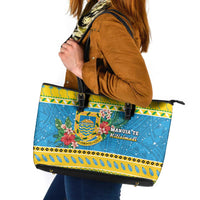 Tuvalu Christmas Leather Tote Bag Coat Of Arms Manuia Te Kilisimasi LT05 Yellow - Polynesian Pride