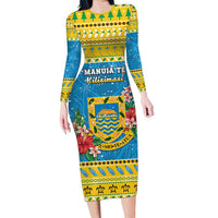 Tuvalu Christmas Long Sleeve Bodycon Dress Coat Of Arms Manuia Te Kilisimasi LT05 Long Dress Yellow - Polynesian Pride