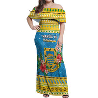 Tuvalu Christmas Off Shoulder Maxi Dress Coat Of Arms Manuia Te Kilisimasi LT05 Women Yellow - Polynesian Pride