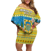 Tuvalu Christmas Off Shoulder Short Dress Coat Of Arms Manuia Te Kilisimasi LT05 Women Yellow - Polynesian Pride