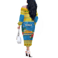 Tuvalu Christmas Off The Shoulder Long Sleeve Dress Coat Of Arms Manuia Te Kilisimasi LT05 - Polynesian Pride