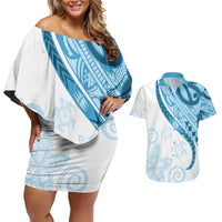 Blue Polynesian Tribal Turtle Floral Pattern Couples Matching Off Shoulder Short Dress and Hawaiian Shirt