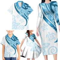 Blue Polynesian Tribal Turtle Floral Pattern Family Matching Long Sleeve Bodycon Dress and Hawaiian Shirt LT05 - Polynesian Pride