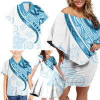 Blue Polynesian Tribal Turtle Floral Pattern Family Matching Off Shoulder Short Dress and Hawaiian Shirt LT05 - Polynesian Pride