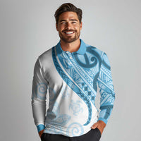 Blue Polynesian Tribal Turtle Floral Pattern Long Sleeve Polo Shirt LT05 - Polynesian Pride