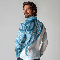 Blue Polynesian Tribal Turtle Floral Pattern Long Sleeve Polo Shirt LT05 - Polynesian Pride