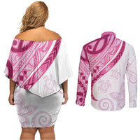 Rose Pink Polynesian Tribal Turtle Floral Pattern Couples Matching Off Shoulder Short Dress and Long Sleeve Button Shirt
