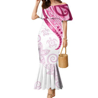 Rose Pink Polynesian Tribal Turtle Floral Pattern Family Matching Mermaid Dress and Hawaiian Shirt LT05 Mom's Dress Pink - Polynesian Pride