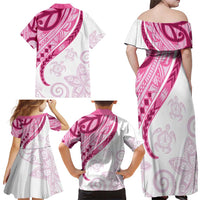 Rose Pink Polynesian Tribal Turtle Floral Pattern Family Matching Off Shoulder Maxi Dress and Hawaiian Shirt LT05 - Polynesian Pride