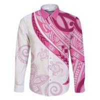 Rose Pink Polynesian Tribal Turtle Floral Pattern Family Matching Off Shoulder Short Dress and Hawaiian Shirt LT05 Dad's Shirt - Long Sleeve Pink - Polynesian Pride