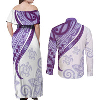 Purple Polynesian Tribal Turtle Floral Pattern Couples Matching Off Shoulder Maxi Dress and Long Sleeve Button Shirt