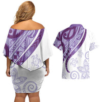 Purple Polynesian Tribal Turtle Floral Pattern Couples Matching Off Shoulder Short Dress and Hawaiian Shirt