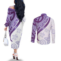 Purple Polynesian Tribal Turtle Floral Pattern Couples Matching Off The Shoulder Long Sleeve Dress and Long Sleeve Button Shirt