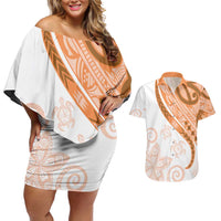 Orange Polynesian Tribal Turtle Floral Pattern Couples Matching Off Shoulder Short Dress and Hawaiian Shirt