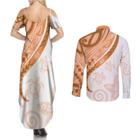 Orange Polynesian Tribal Turtle Floral Pattern Couples Matching Summer Maxi Dress and Long Sleeve Button Shirt