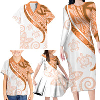 Orange Polynesian Tribal Turtle Floral Pattern Family Matching Long Sleeve Bodycon Dress and Hawaiian Shirt LT05 - Polynesian Pride