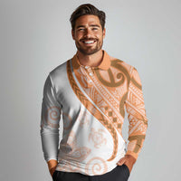 Orange Polynesian Tribal Turtle Floral Pattern Long Sleeve Polo Shirt LT05 - Polynesian Pride