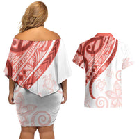 Coral Red Polynesian Tribal Turtle Floral Pattern Couples Matching Off Shoulder Short Dress and Hawaiian Shirt