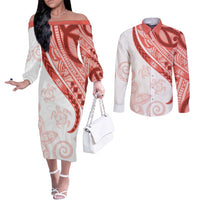 Coral Red Polynesian Tribal Turtle Floral Pattern Couples Matching Off The Shoulder Long Sleeve Dress and Long Sleeve Button Shirt