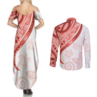 Coral Red Polynesian Tribal Turtle Floral Pattern Couples Matching Summer Maxi Dress and Long Sleeve Button Shirt