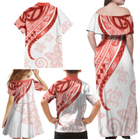 Coral Red Polynesian Tribal Turtle Floral Pattern Family Matching Off Shoulder Maxi Dress and Hawaiian Shirt LT05 - Polynesian Pride
