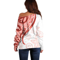Coral Red Polynesian Tribal Turtle Floral Pattern Off Shoulder Sweater