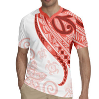 Coral Red Polynesian Tribal Turtle Floral Pattern Rugby Jersey LT05 - Polynesian Pride