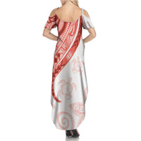 Coral Red Polynesian Tribal Turtle Floral Pattern Summer Maxi Dress