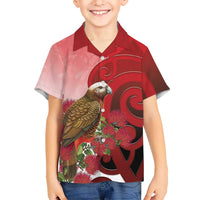 New Zealand Parrot Kaka Family Matching Puletasi and Hawaiian Shirt Maori Koru With Pohutukawa Flowers LT05 Son's Shirt Red - Polynesian Pride