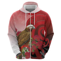 New Zealand Parrot Kaka Hoodie Maori Koru With Pohutukawa Flowers LT05 - Polynesian Pride