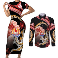 Personalised French Polynesia Victory Day Couples Matching Short Sleeve Bodycon Dress and Long Sleeve Button Shirt Polynesian Pattern Plumeria LT05 Black - Polynesian Pride