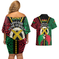 Vanuatu 45th Independence Day Couples Matching Off Shoulder Short Dress and Hawaiian Shirt Long God Yumi Stanap Wild Boar LT05 - Polynesian Pride