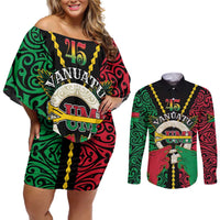 Vanuatu 45th Independence Day Couples Matching Off Shoulder Short Dress and Long Sleeve Button Shirt Long God Yumi Stanap Wild Boar LT05 Black - Polynesian Pride