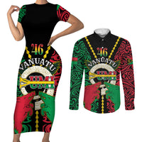 Vanuatu 45th Independence Day Couples Matching Short Sleeve Bodycon Dress and Long Sleeve Button Shirt Long God Yumi Stanap Wild Boar LT05 Black - Polynesian Pride